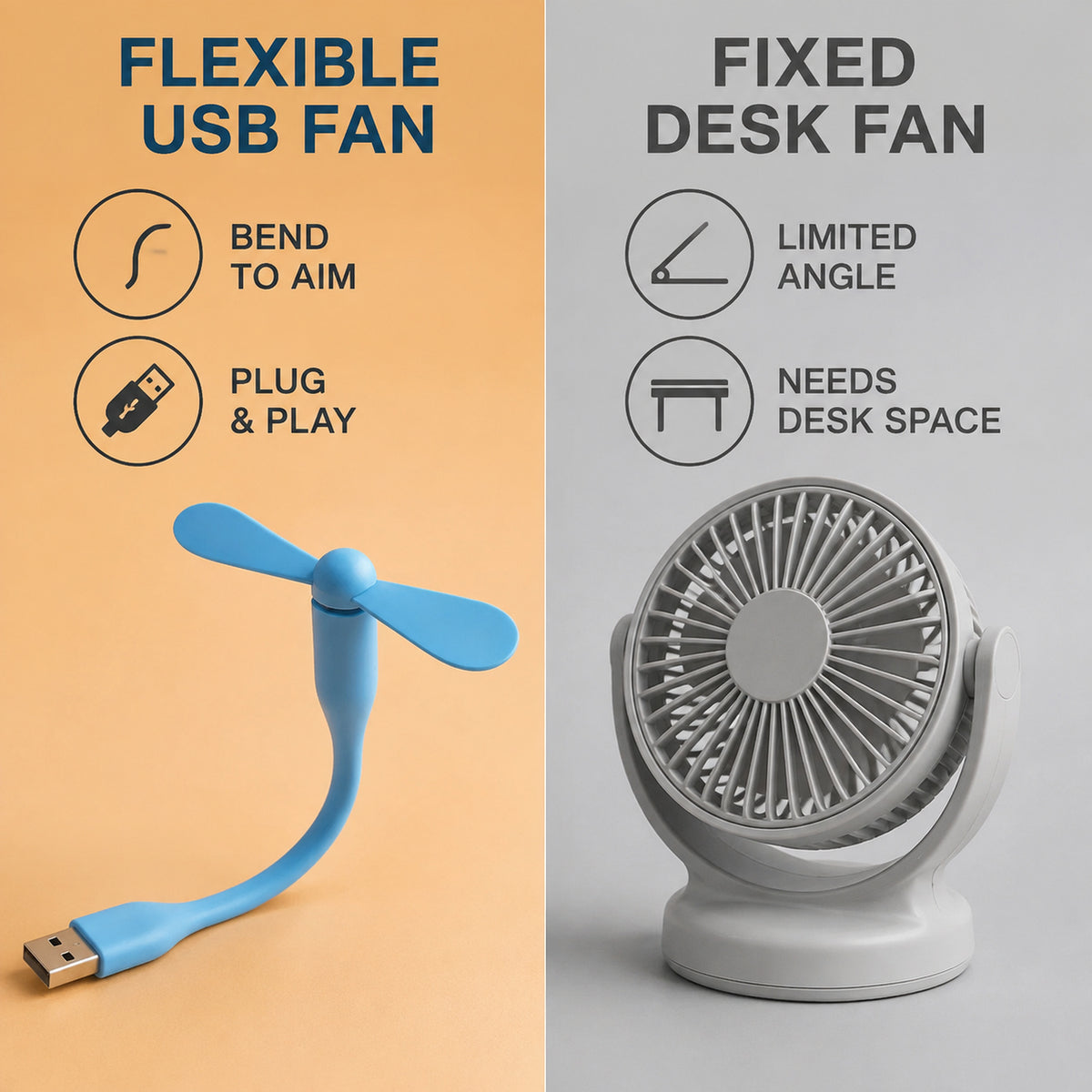 A blue flexible USB fan is compared to a gray fixed desk fan, highlighting their different features.