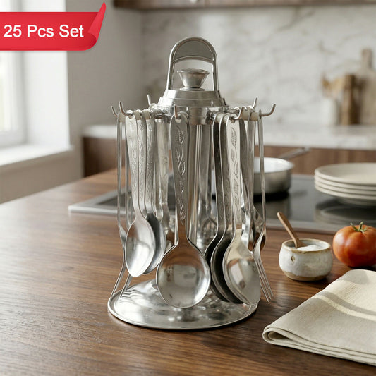 Premium 25-piece stainless steel cutlery set with revolving stand
