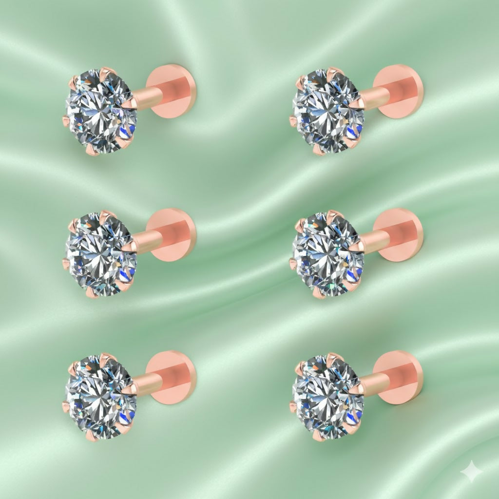 Set of six rose gold flat back AD stud earrings for women and girls