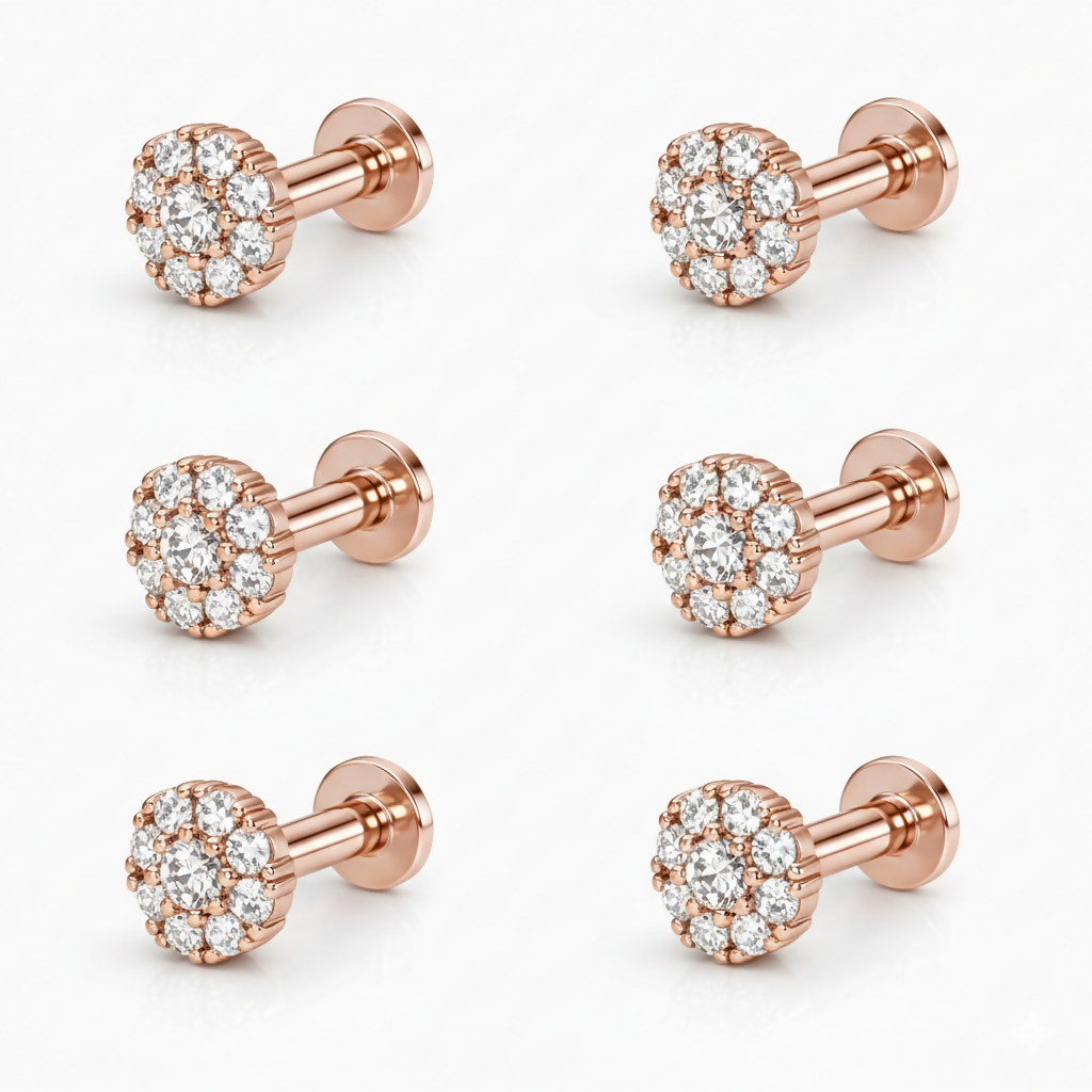Individual rose gold flower cluster stud earring with sparkling crystals and flat post