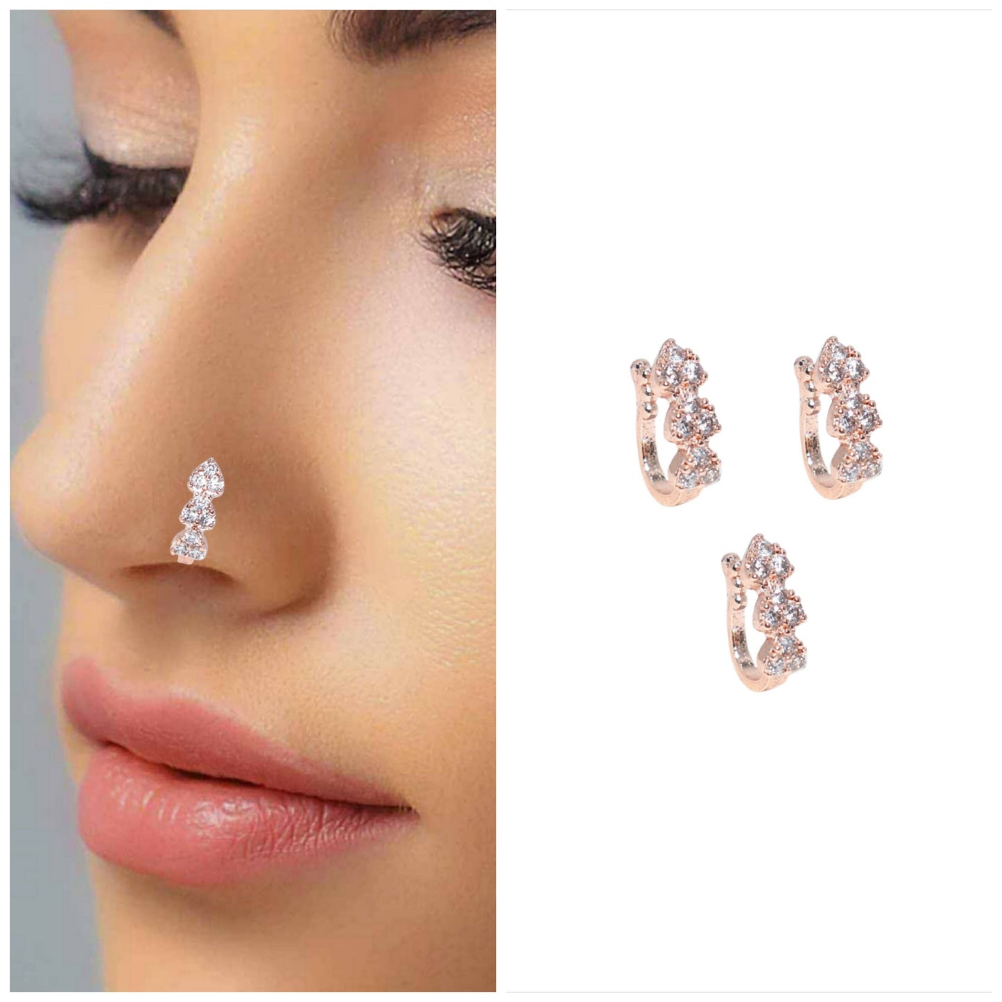Rose Gold Flower CZ Non-Piercing Nose Clip Set Pack of 3