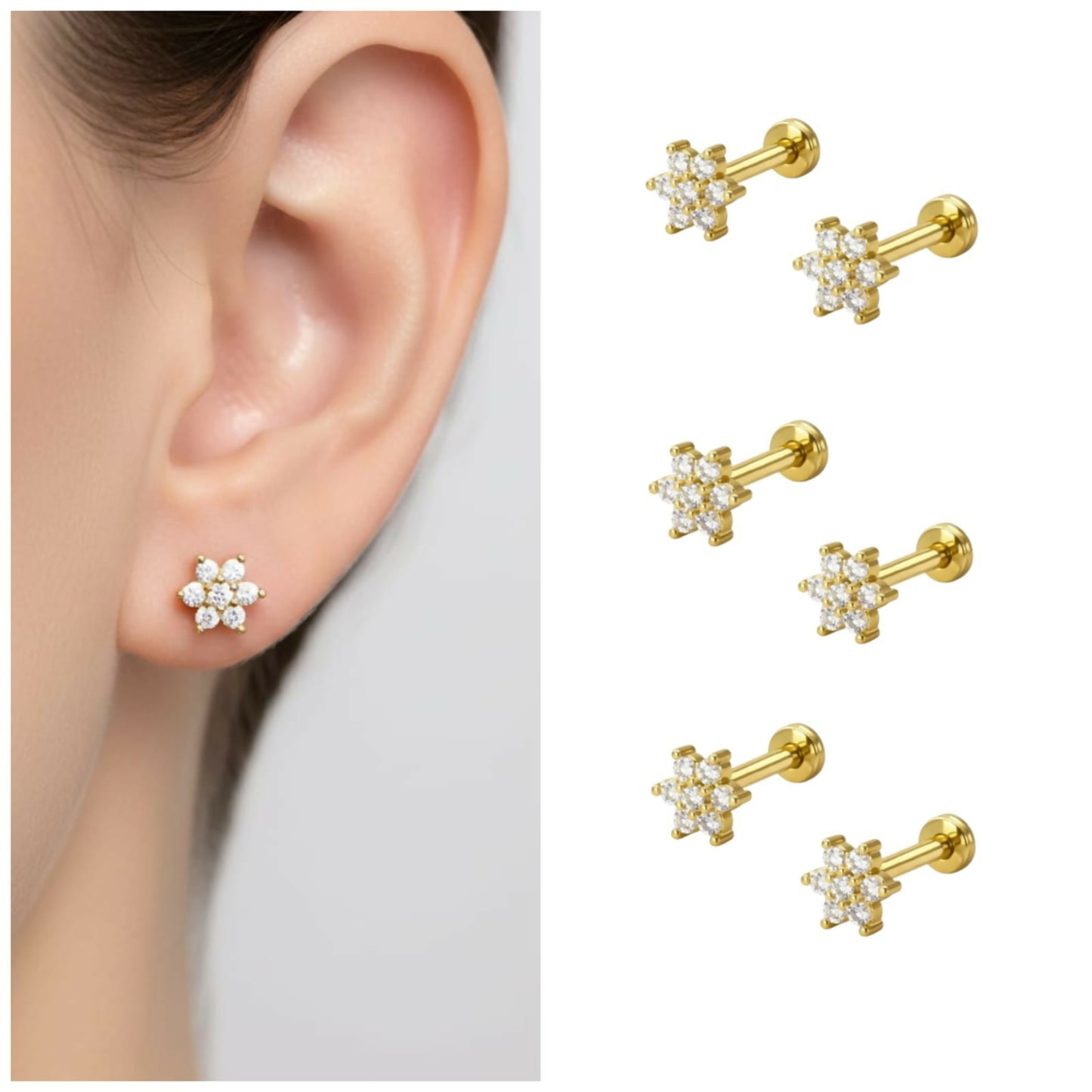 Gold plated crystal flower stud earring with flat back comfort design