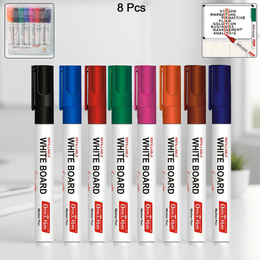 Office Mate Refillable Whiteboard Marker Pen Set – 8 Vibrant Colours
