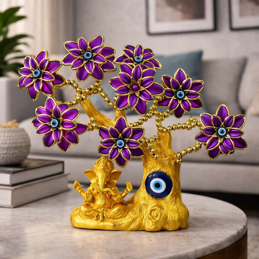 Golden Ganesh Tree with Purple Flowers & Evil Eye | Decorative Showpiece