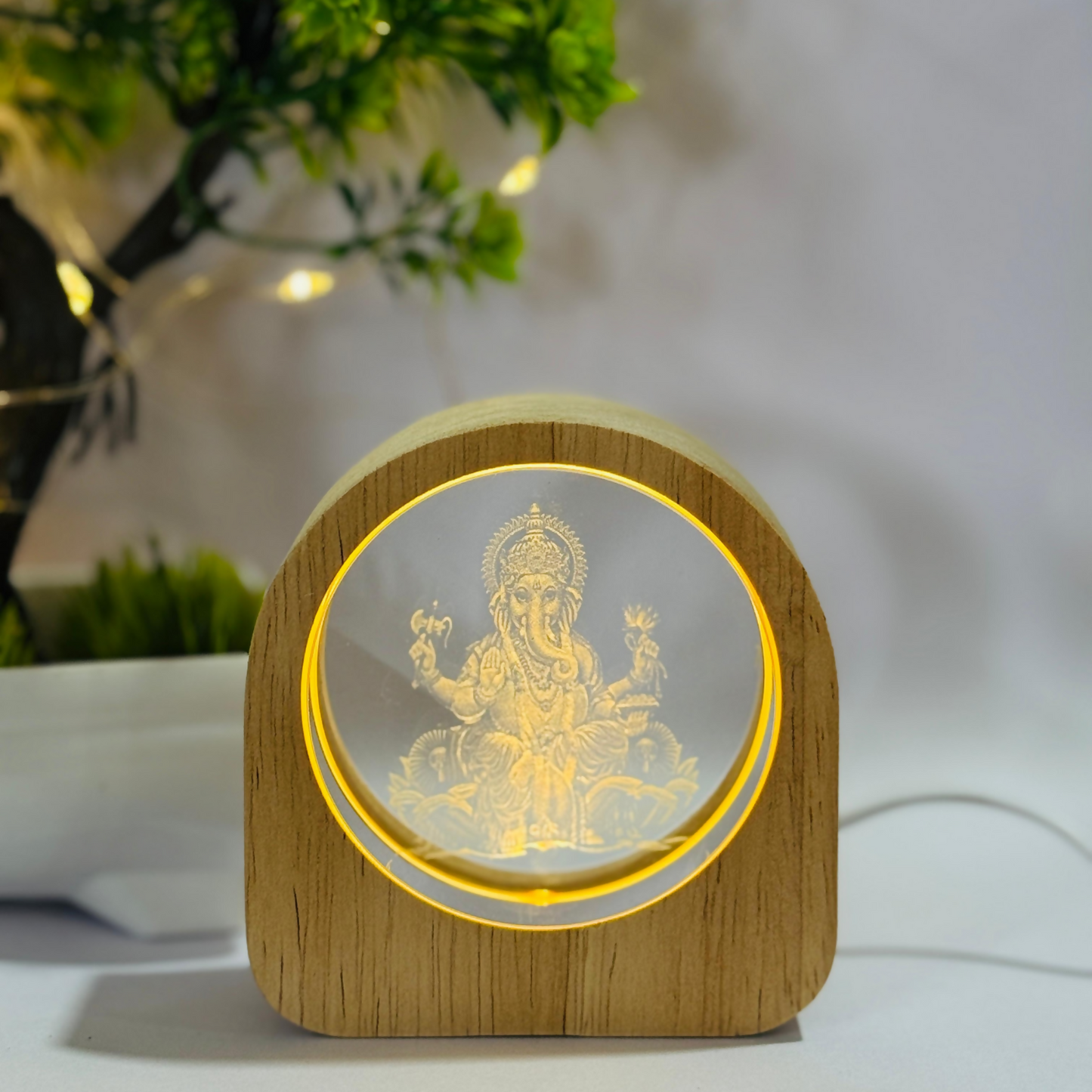 Ganesh LED Crystal Night Lamp with Wooden Base for Home Décor