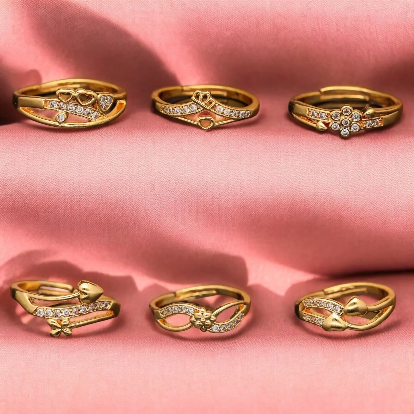 Elegant Finger Ring Set for Women, Made of Brass with Diamond Detailing Gold Plating (Pack of 6)
