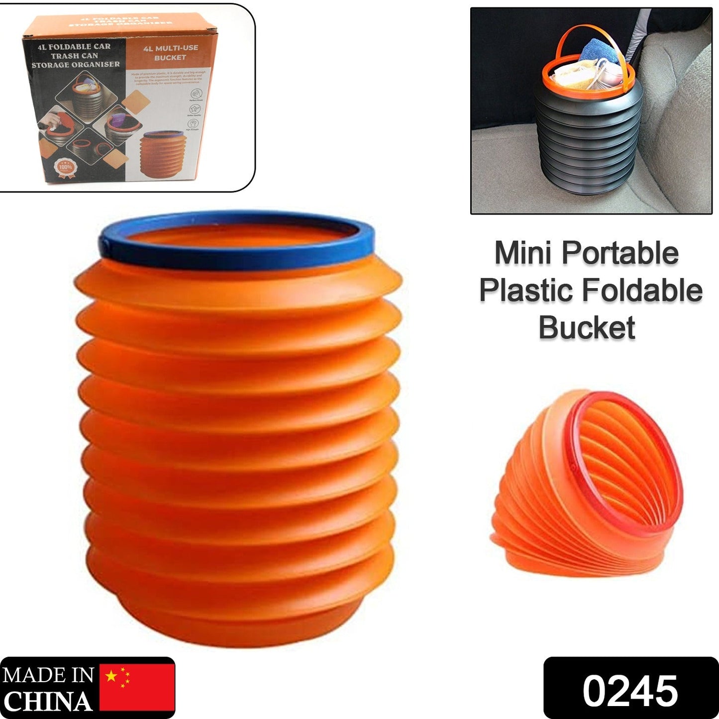 Compact blue foldable bucket, collapsed for easy storage in a car or small space.