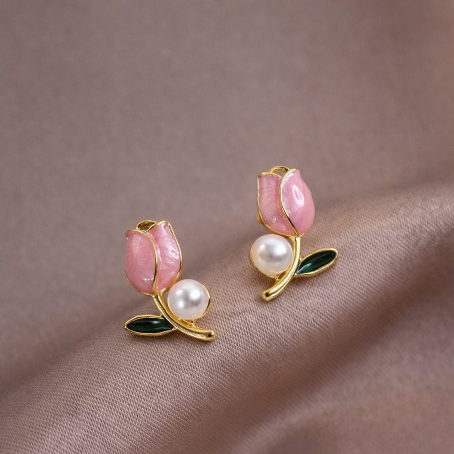 Luxury Pink Tulip Pearl Stud Earrings for Women & Girls – Gold Plated Floral Designer Earrings