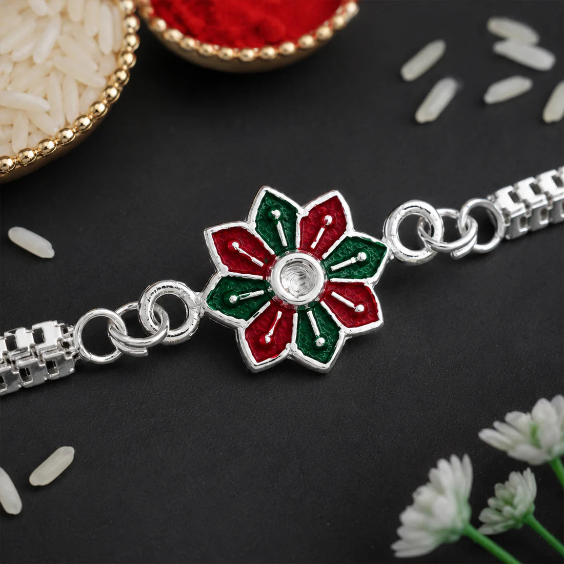 Silver Floral Rakhi Bracelet – Elegant Sibling Bond Symbol For Raksha bandhan