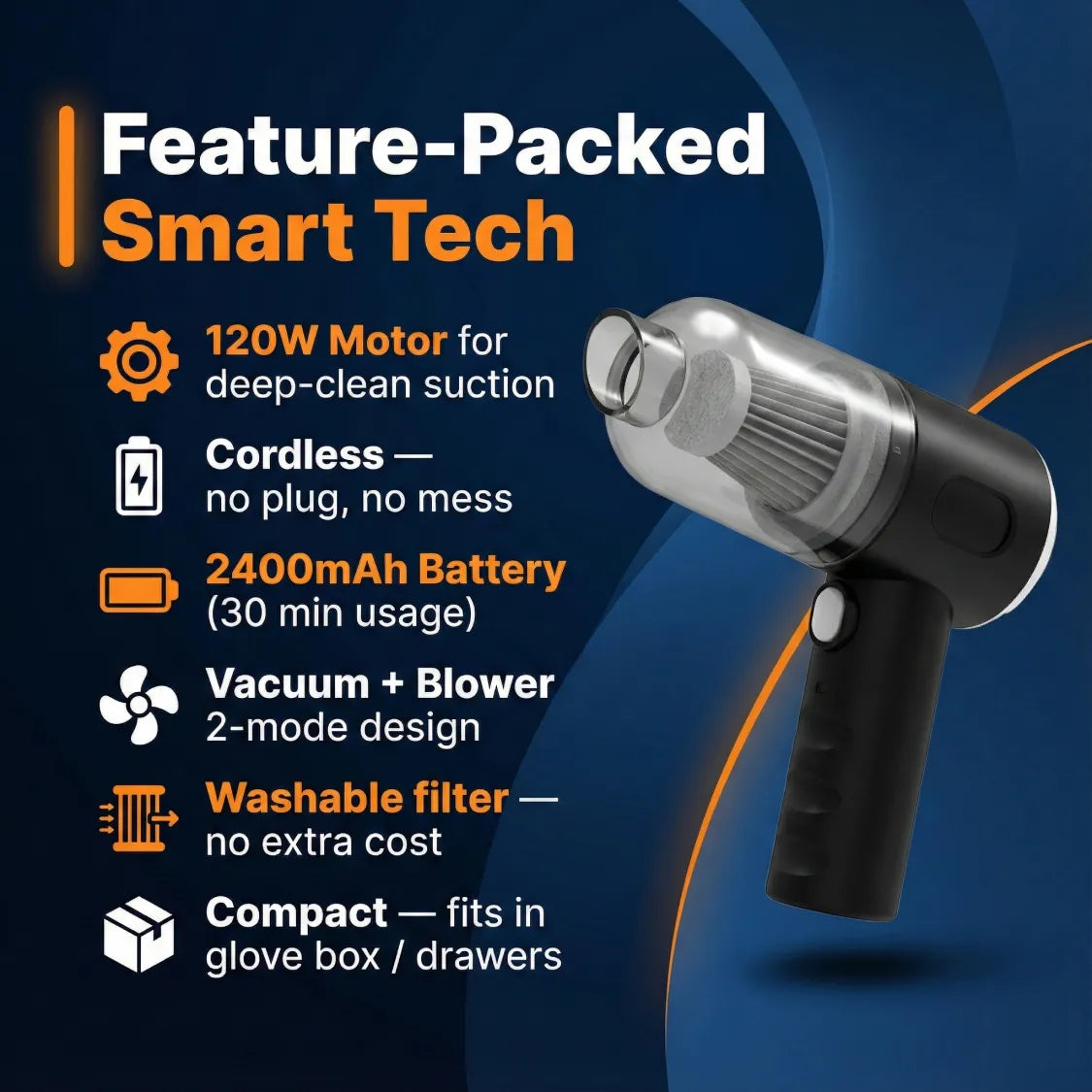 3 in 1 Mini Car Vacuum – Wireless, Rechargeable, Blower & Dust Cleaner for Car & Home