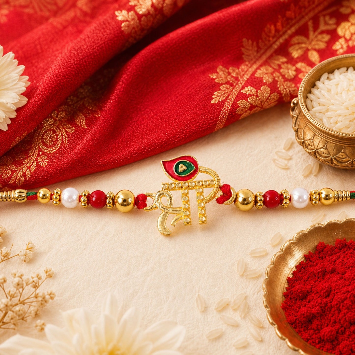 A red and gold beaded bracelet with a central gold 'Shree' text charm, surrounded by traditional items.