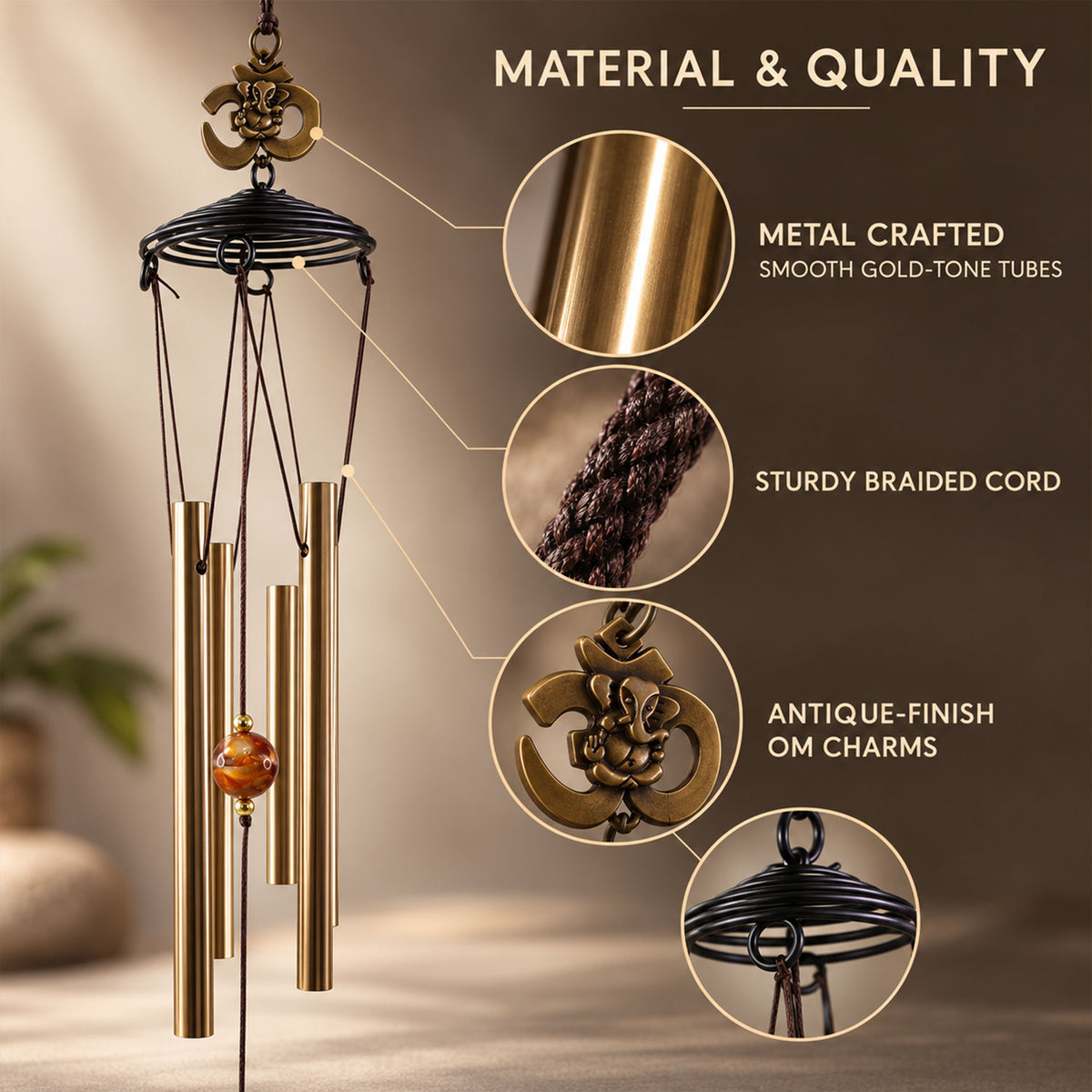 Close-up of the wind chime showing gold tubes, braided cord, antique-finish Om charms, and a black spiral top.