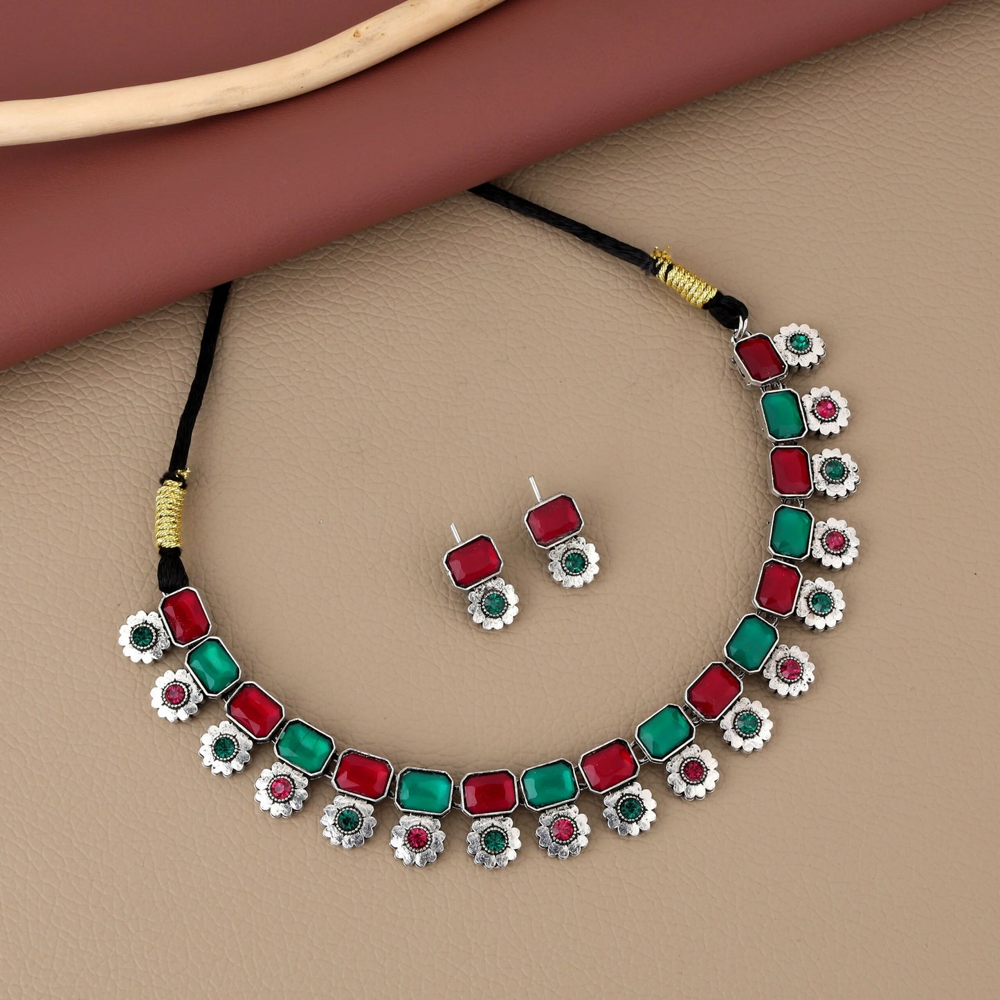 Dual-Tone Oxidized Choker Set with Pink and Green Stones