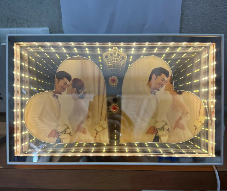 Infinity Mirror LED Double Heart Photo Frame | Warm Light Illuminated Couple Wedding & Anniversary Picture Frame with Crown Design | USB Powered 3D Tunnel Effect Love Lamp for Bedroom, Gift & Home Decor