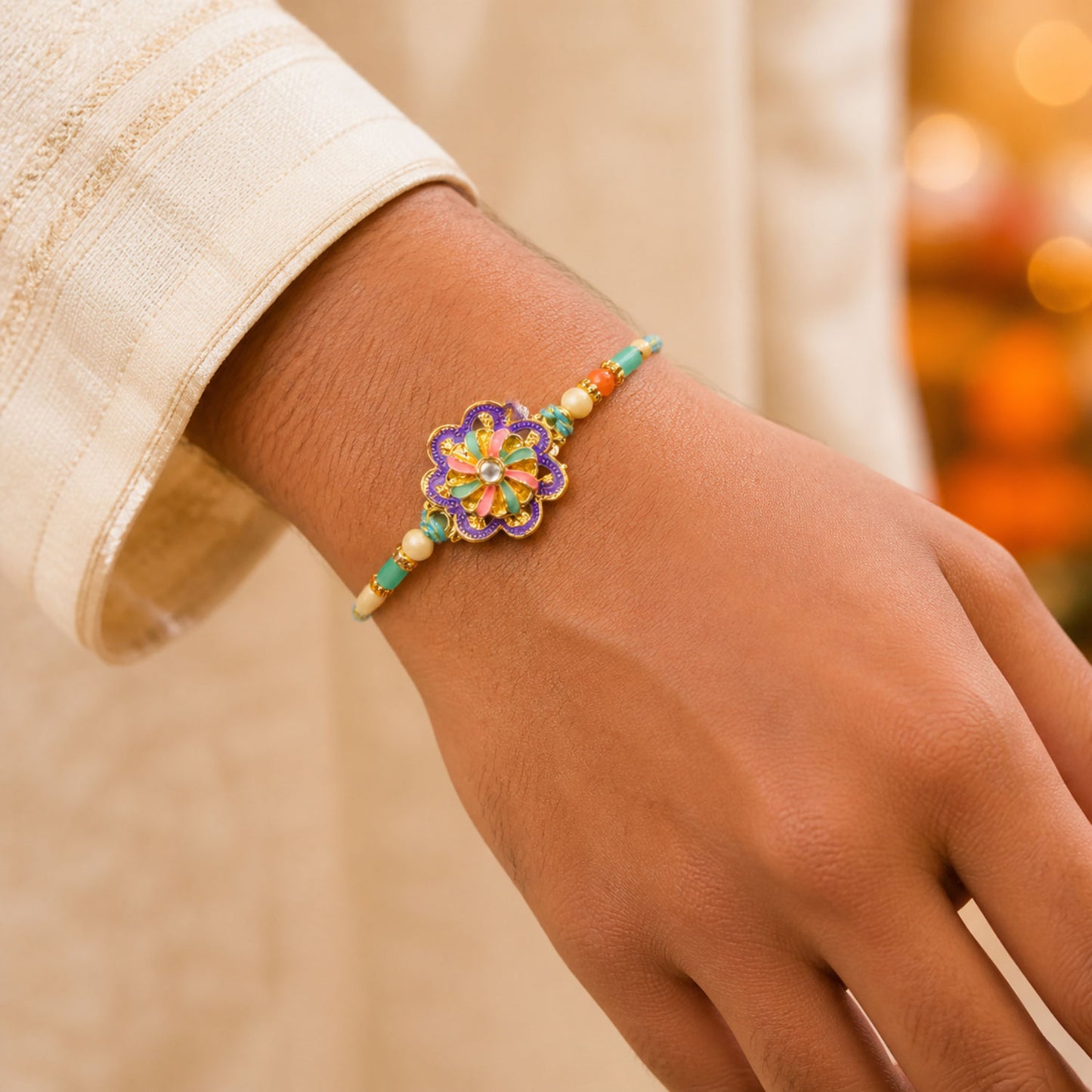 Floral Bloom Rakhi with Cream Thread, Pastel Beads and Soft Enamel Petals for Gifting