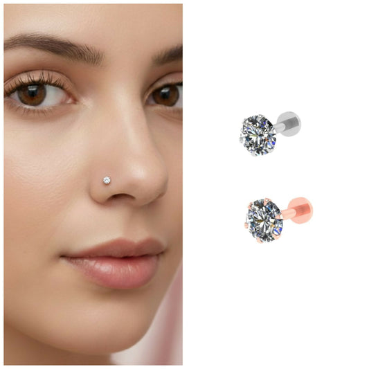 Rose gold & silver plated Nosepin Stud Flat Back Labret Piercing Combo Pack of 2