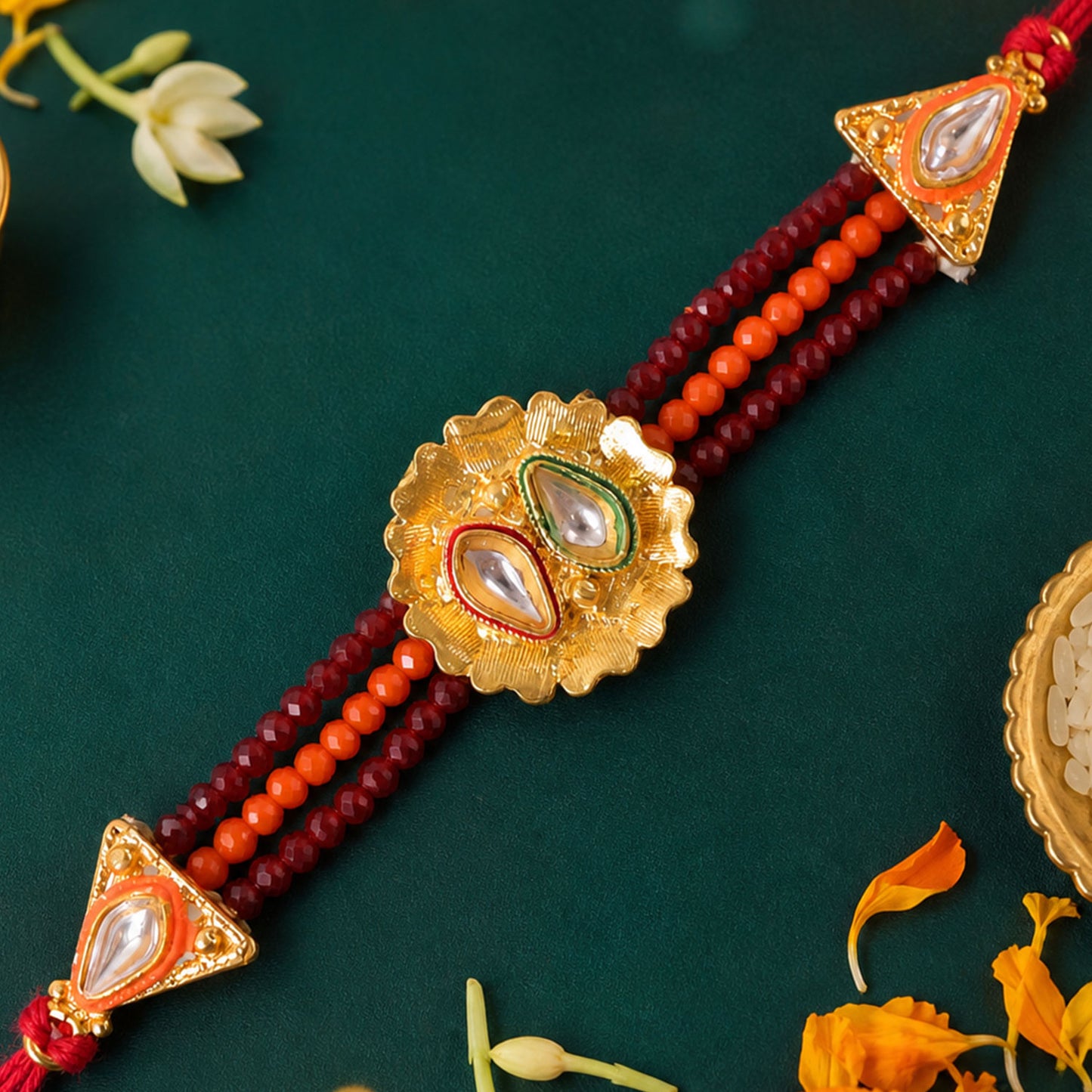 Red Beaded Floral Rakhi with Golden Center and Traditional Festive Gift Appeal Ideas
