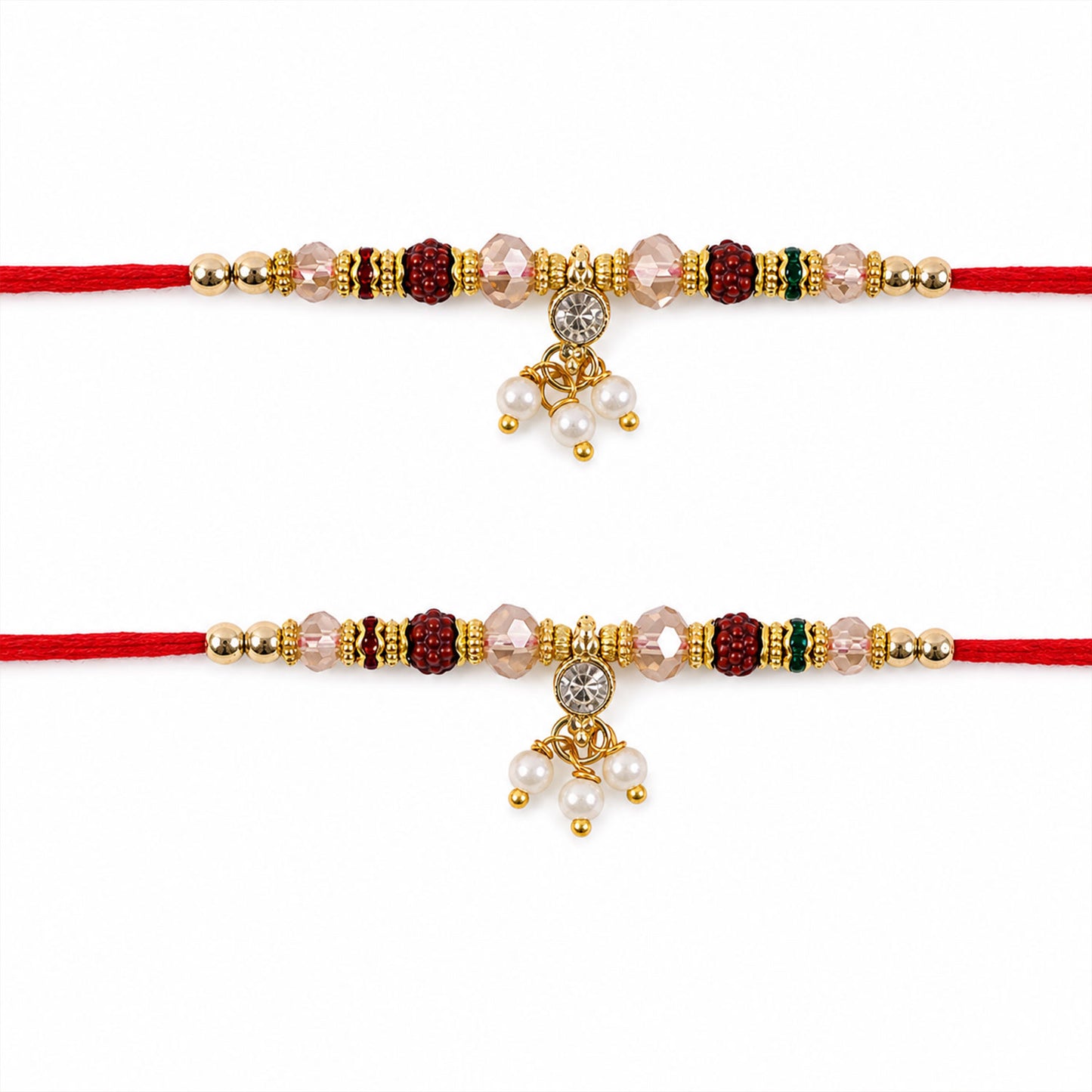 Crystal Beaded Bhaiya Bhabhi Rakhi Set with Pearl Lumba for Couple Raksha Bandhan