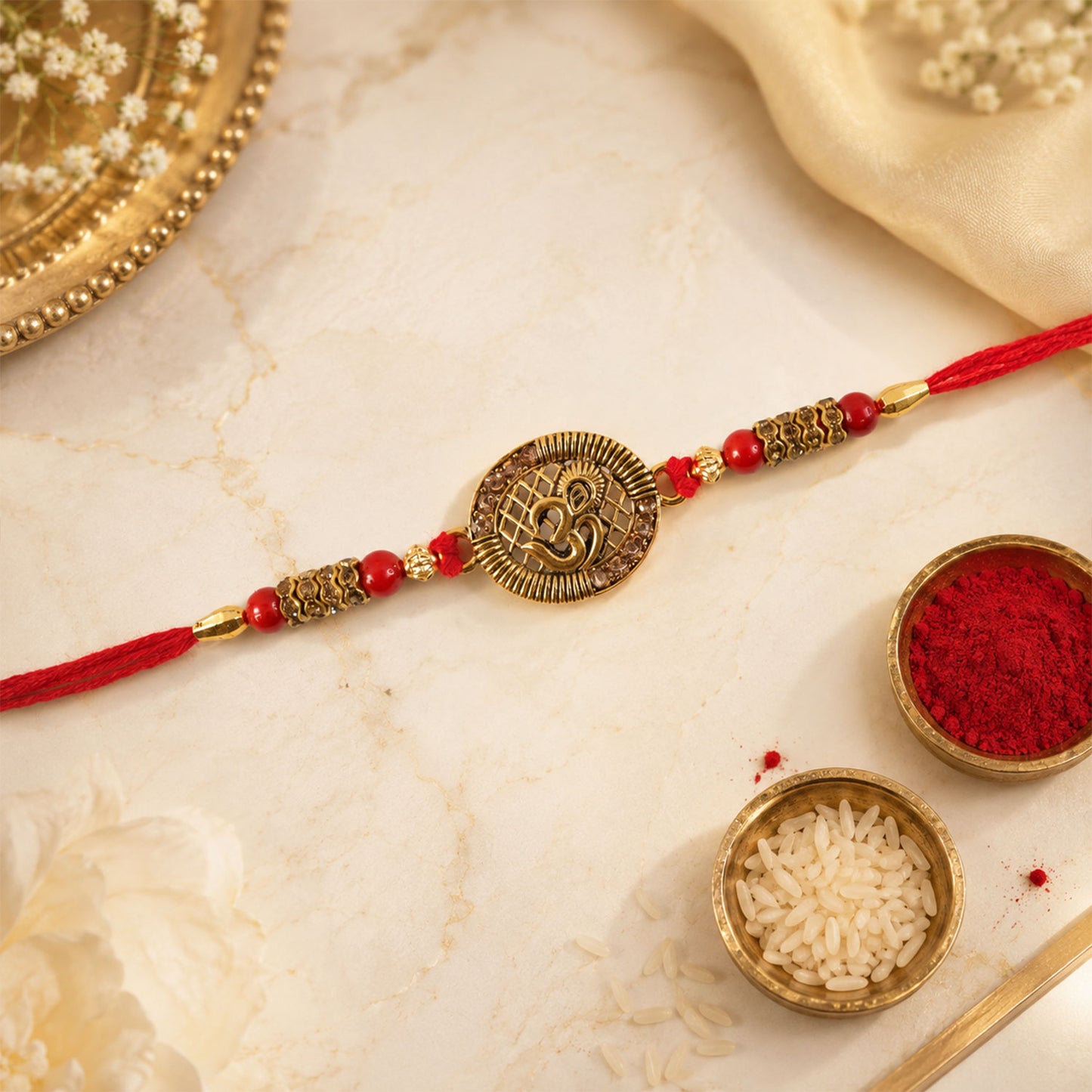 Om Coin Stone Rakhi with Red Beads and Blue Velvet Look