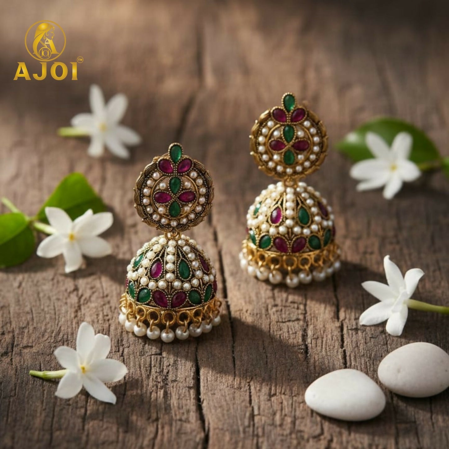 Exquisite Traditional Kundan Jhumka Earrings with Ruby & Emerald Stones, Handcrafted Gold-Tone Pearl Drop Bridal Jewelry