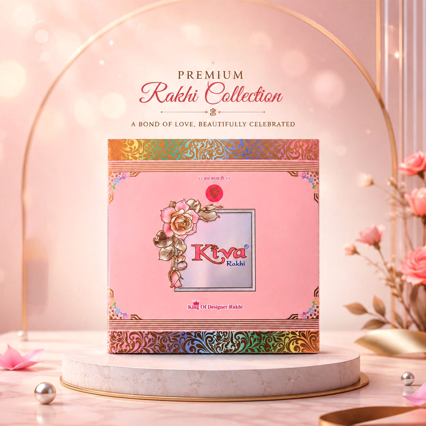 Rectangular AD Filigree Designer Rakhi for Brother with Pink Beads Gift