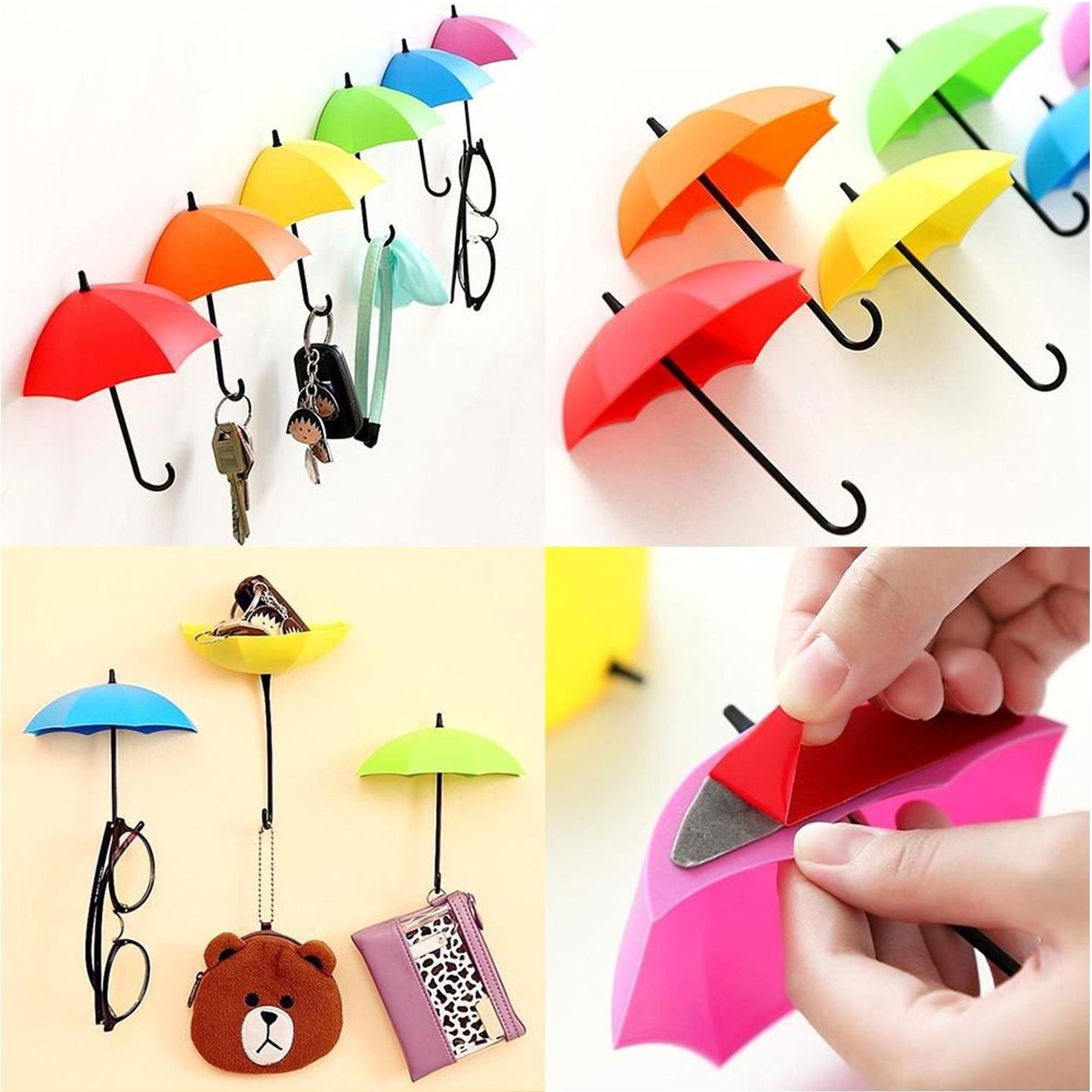 Side view of multicolor umbrella hook adhered to wall