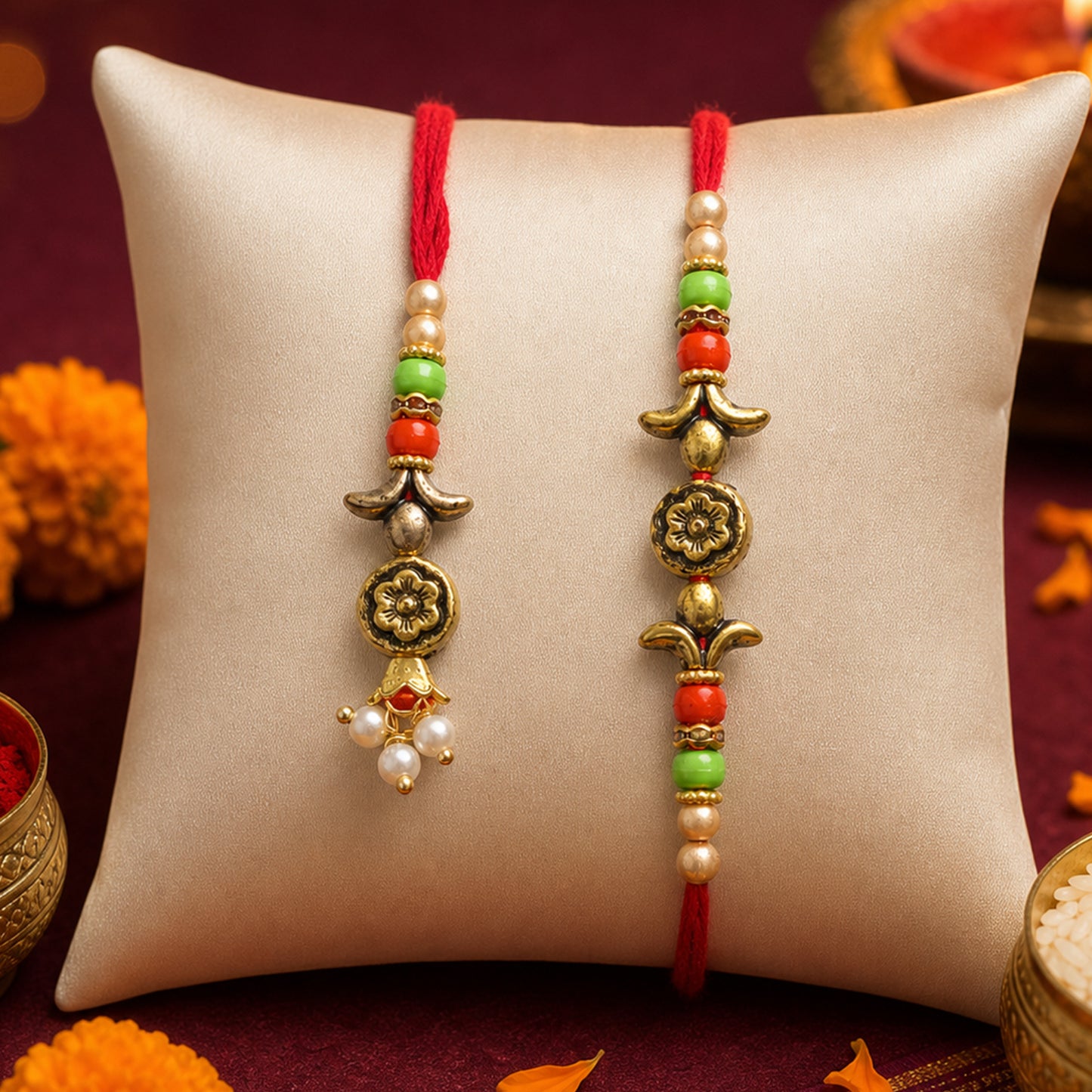 Graceful Floral Cluster Bhai Bhabhi Rakhi with Flower Center and Beads for Gifting