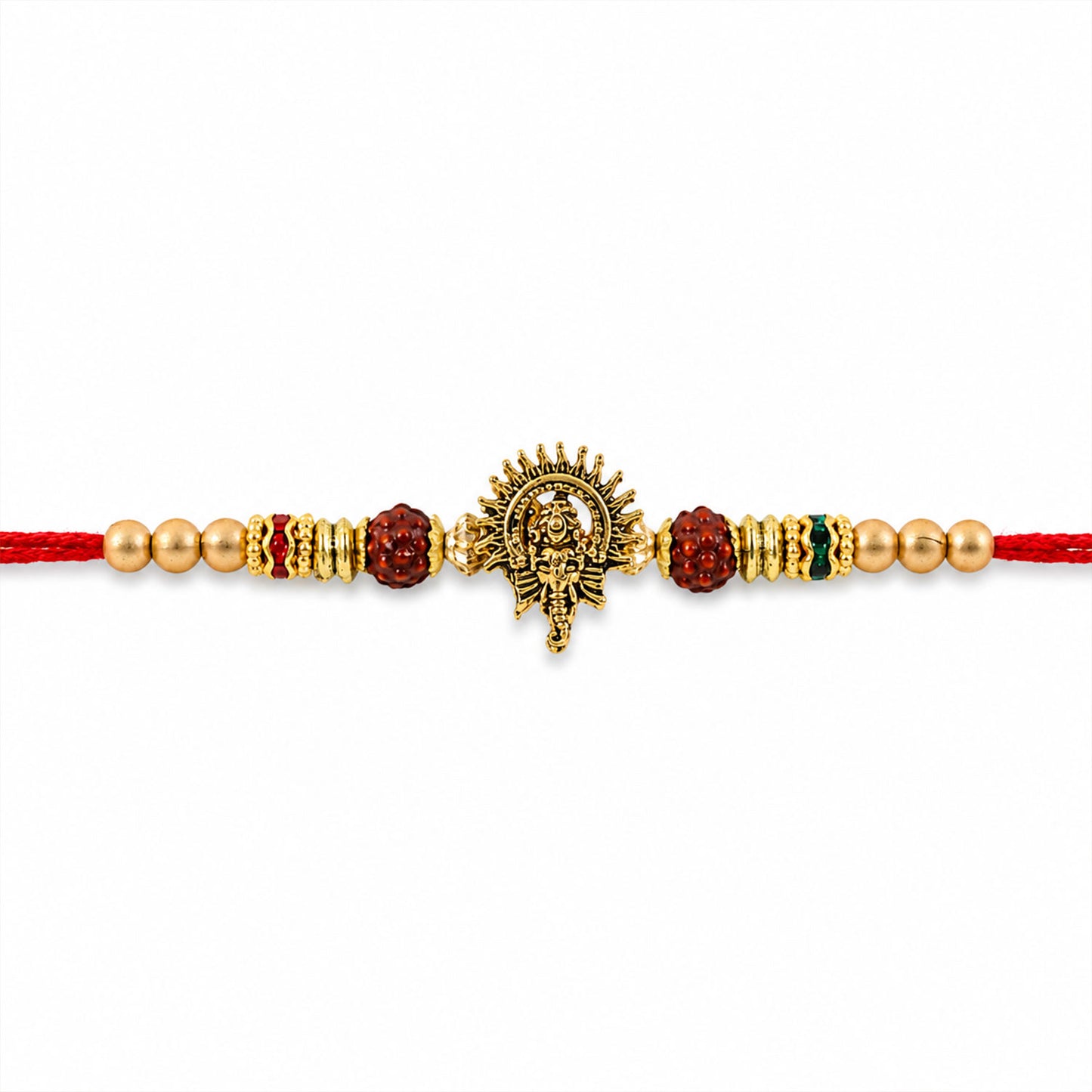 Ganesh Ji Antique Golden Devotional Rakhi with Red Beads and Pearl-Style Accents