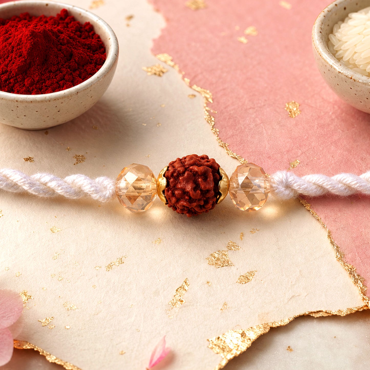White-Red Thread Rakhi with Rudraksha and Sparkling Crystal Bead