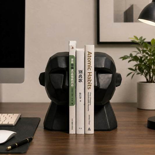 Modern resin face bookends for home decor and office shelf organization