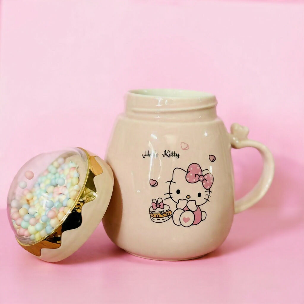 Side view of ceramic mug with colorful printed design and dome lid