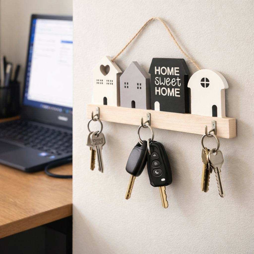 Wooden House Design Key Holder Wall Mount with 3 Hooks
