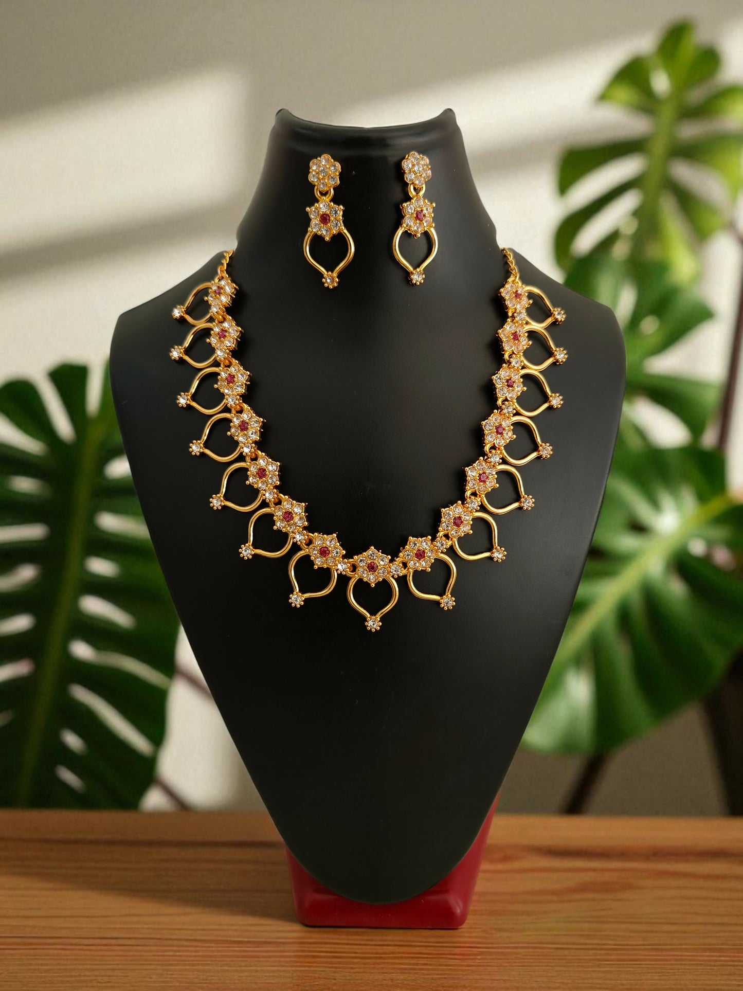Elegant Gold-Plated Floral Necklace & Earrings Set with Pink Stone Accents