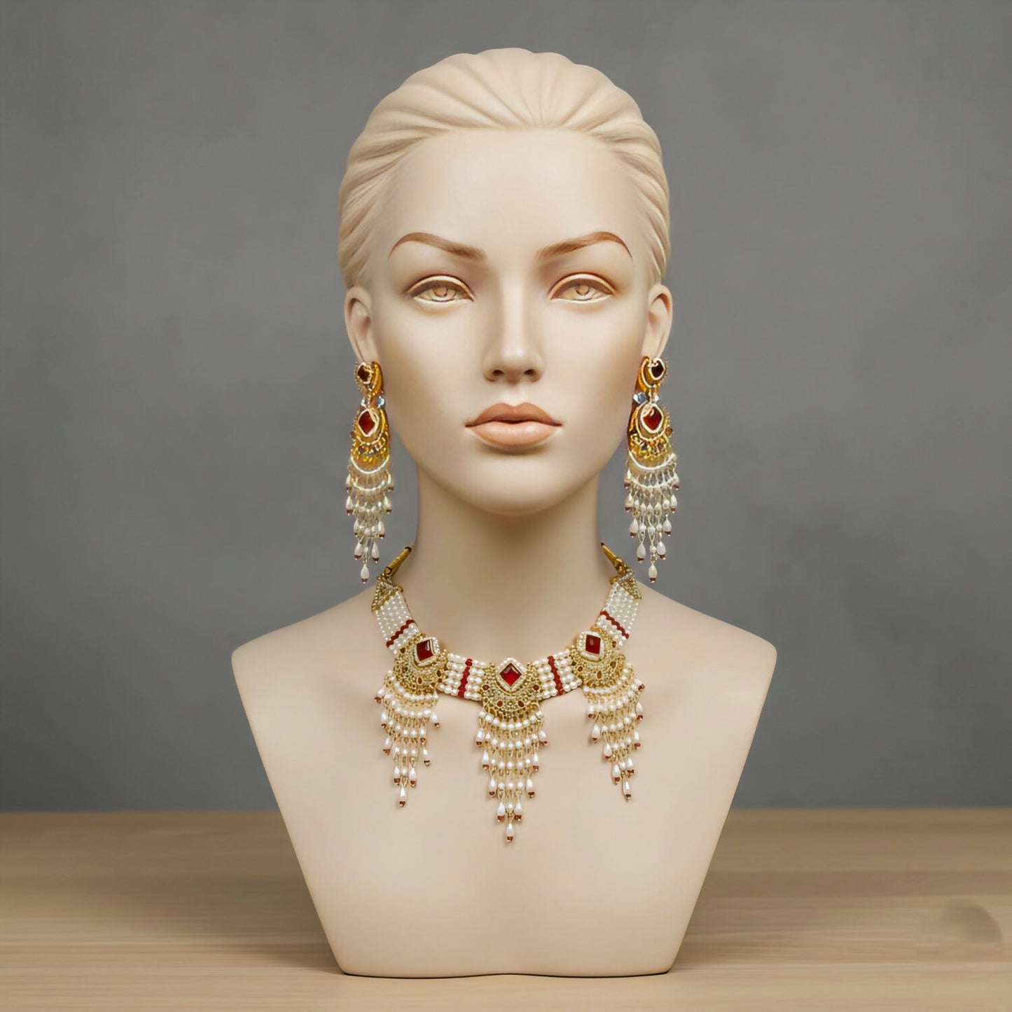 Radiant Ruby & Pearl Chandbali Choker Set with Matching Statement Earrings