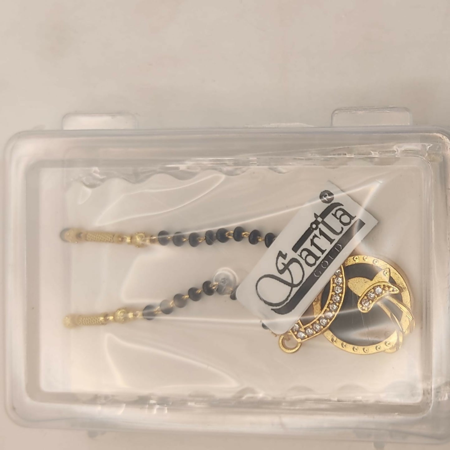 Gold-Plated AD Floral Mangal sutra with Black Beads & Crystals