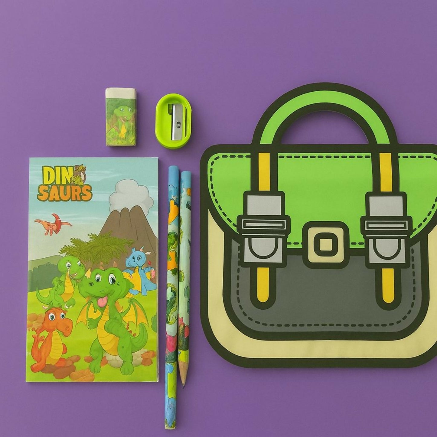 Kids Dinosaur Stationery Set with Notebook, Pencil, Eraser & Sharpener