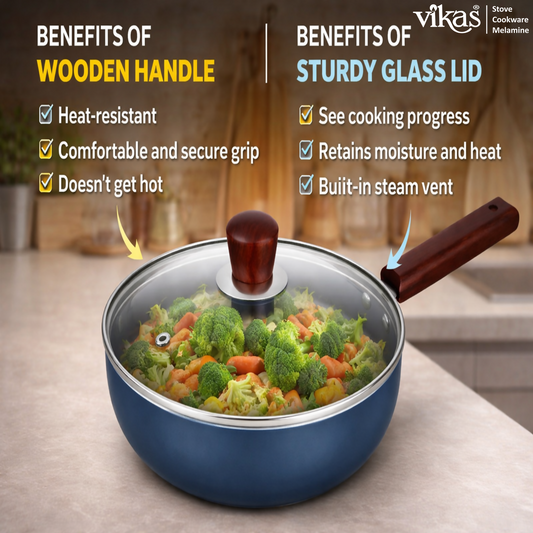 Vikas Ceramic Frypan with Glass Lid and Wooden Handle Grey front view