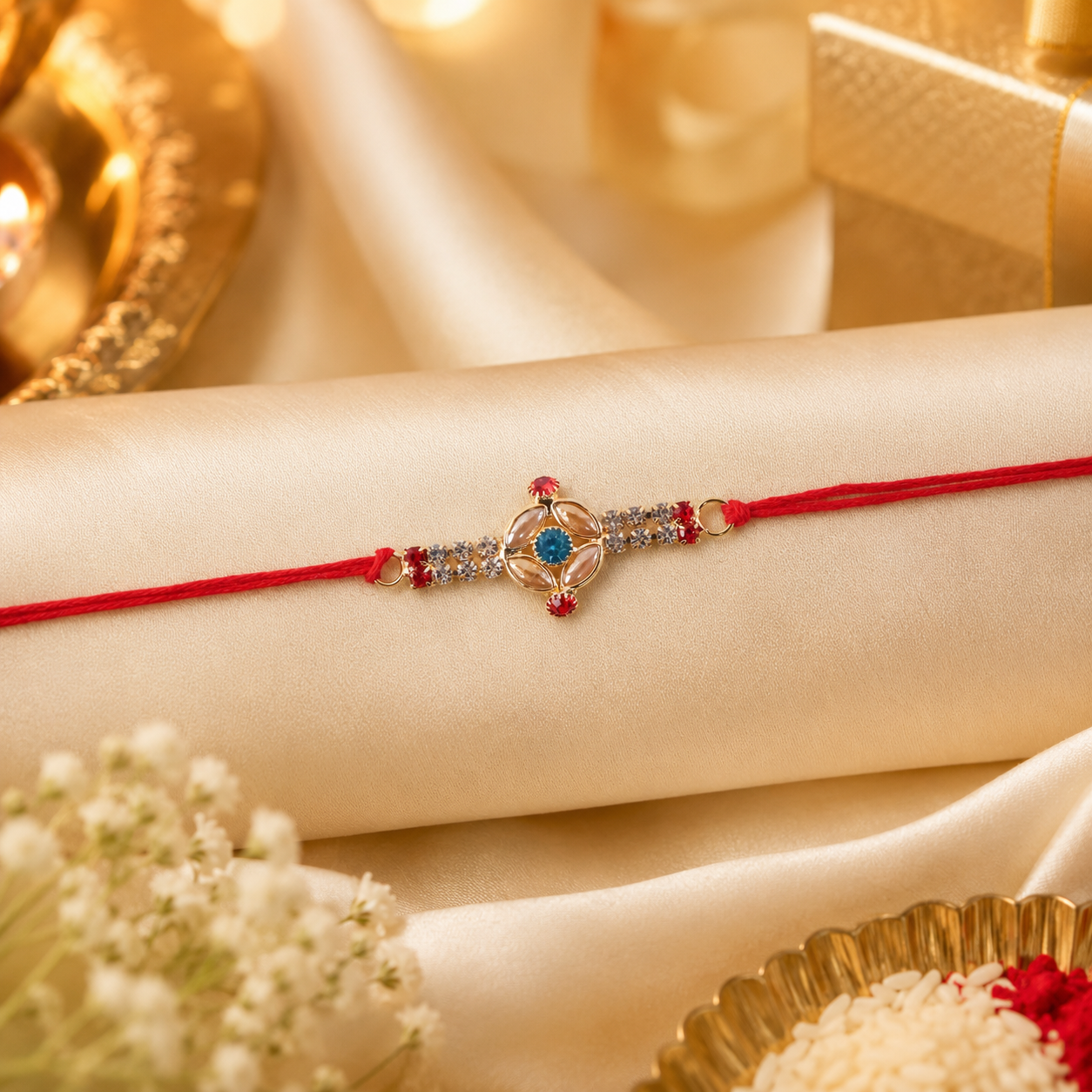 Tiny Oval Stone Rakhi with Red Thread and Delicate Gold Beads