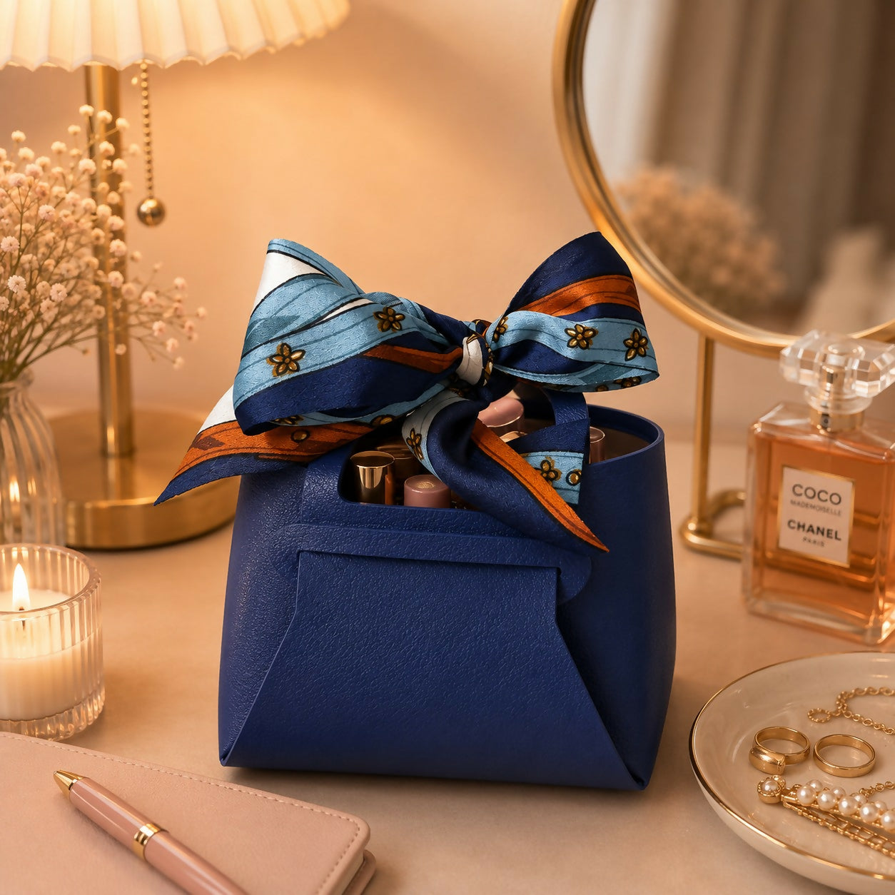 Mini blue handbag organizer with printed bow on a white background