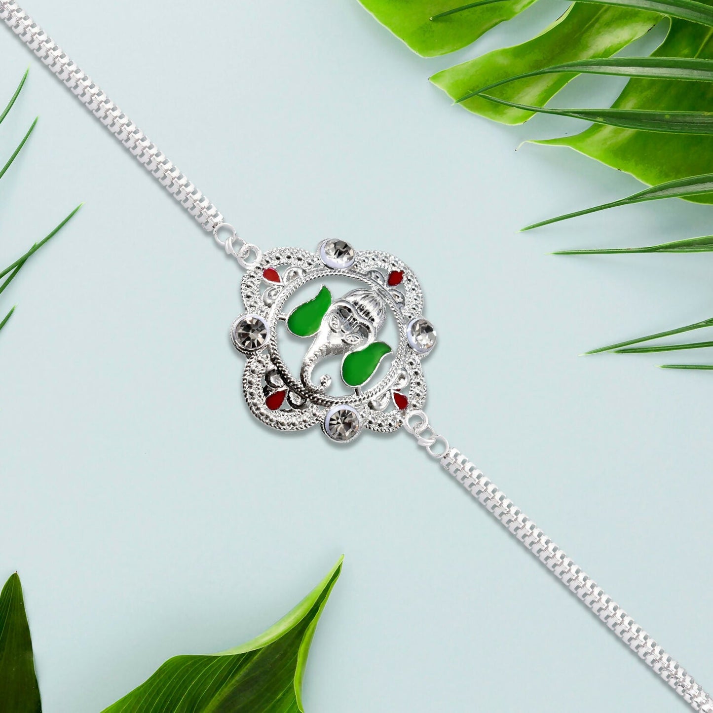 Ganesh Motif Rakhi Elegant Silver Chain Green Enamel (5pcs)