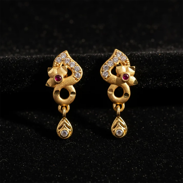 Gold plated earrings with ruby and crystal drops