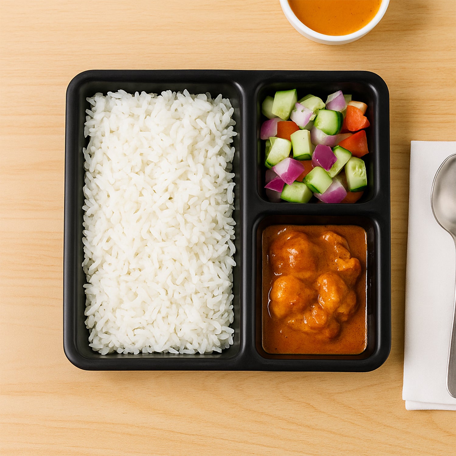 Plastic Multi-Compartment Meal Serving Tray – 3-Section Rectangular Dining Plate (1 Pc / Black)