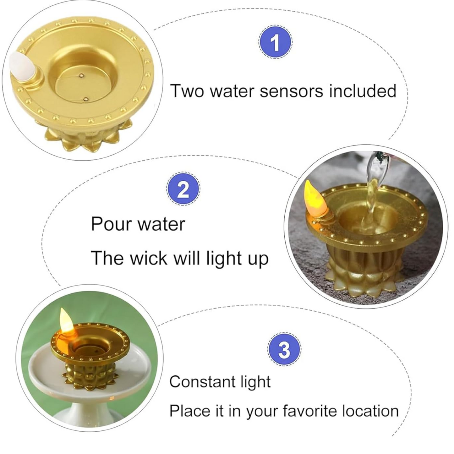 Set of 3 Water Sensor LED Golden Diyas