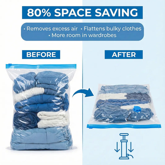 Vacuum Storage Bags with Suction Pump & Shirt clips - Vacuum Bags - Big Capacity Vacuum Seal Bags for Travel Clothes Blankets Pillows, Compression Bags | Space Saver Vacuum Storage Bags (5 Pcs Set)