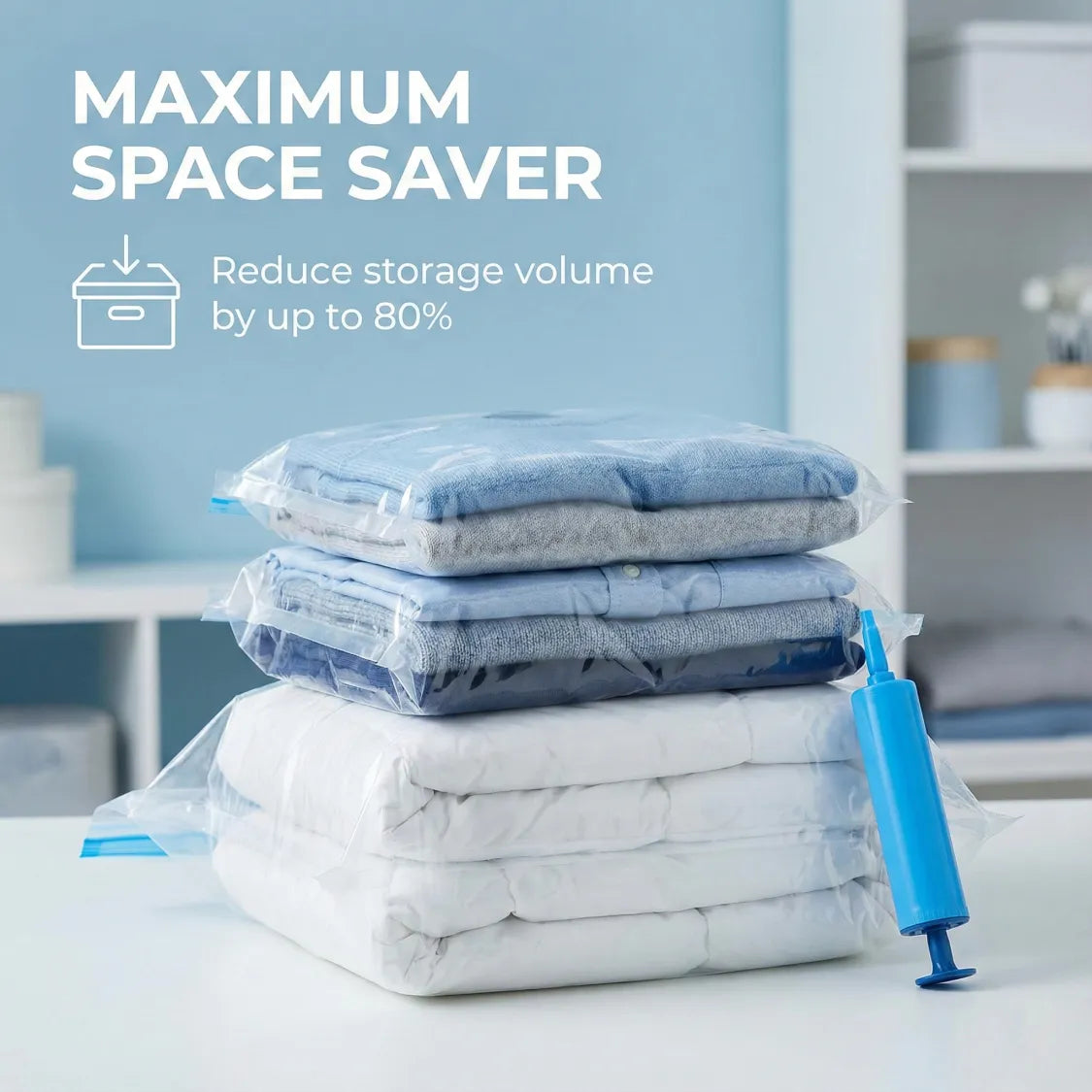 Vacuum Storage Bags with Suction Pump & Shirt clips - Vacuum Bags - Big Capacity Vacuum Seal Bags for Travel Clothes Blankets Pillows, Compression Bags | Space Saver Vacuum Storage Bags (5 Pcs Set)