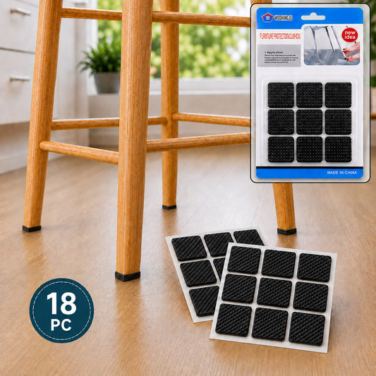 A wooden stool with black square furniture pads on its legs, and two sheets of pads on the floor.