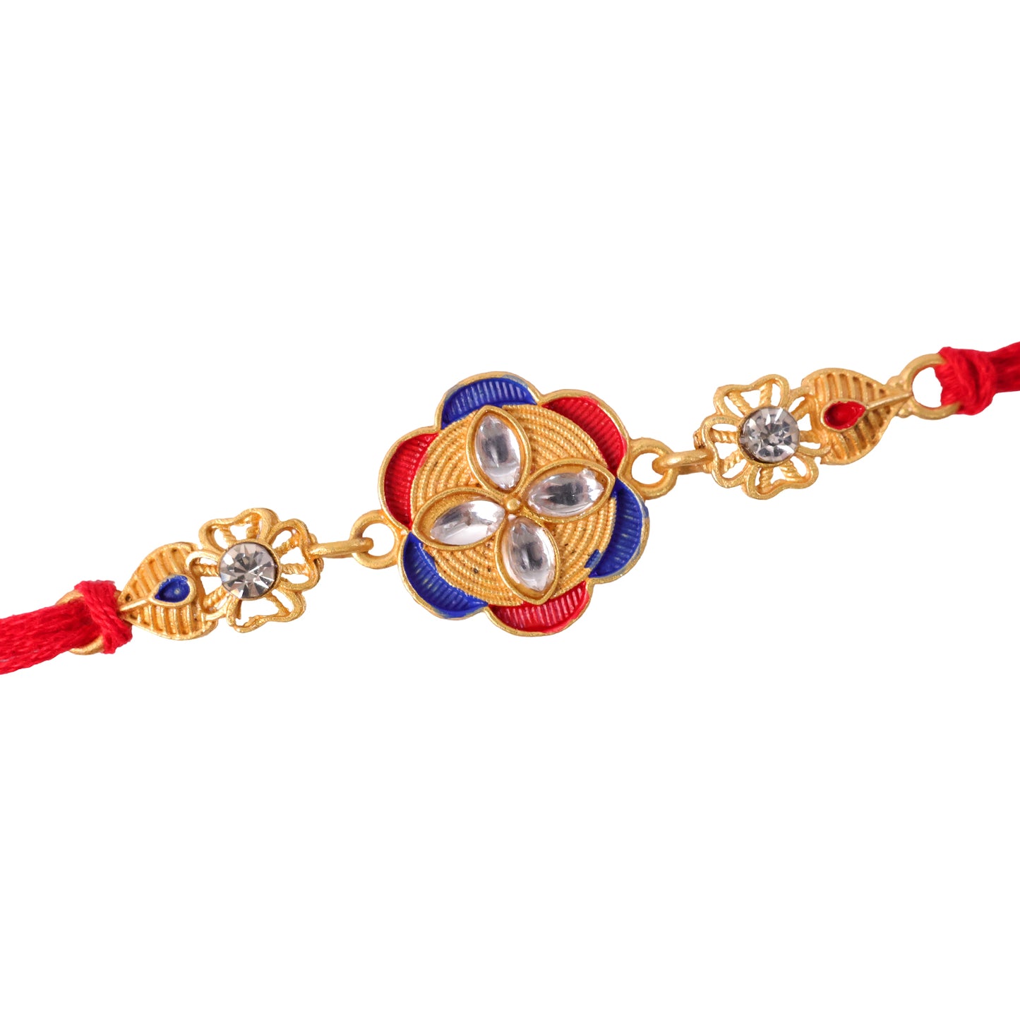 Ornate Rakhi with Floral Medallion, multicolor stones and display look for Gift Use