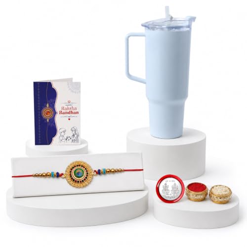 Round Rakhi for Brother with Travel Tumbler - Raksha Bandhan Gift Set, Pack of 5