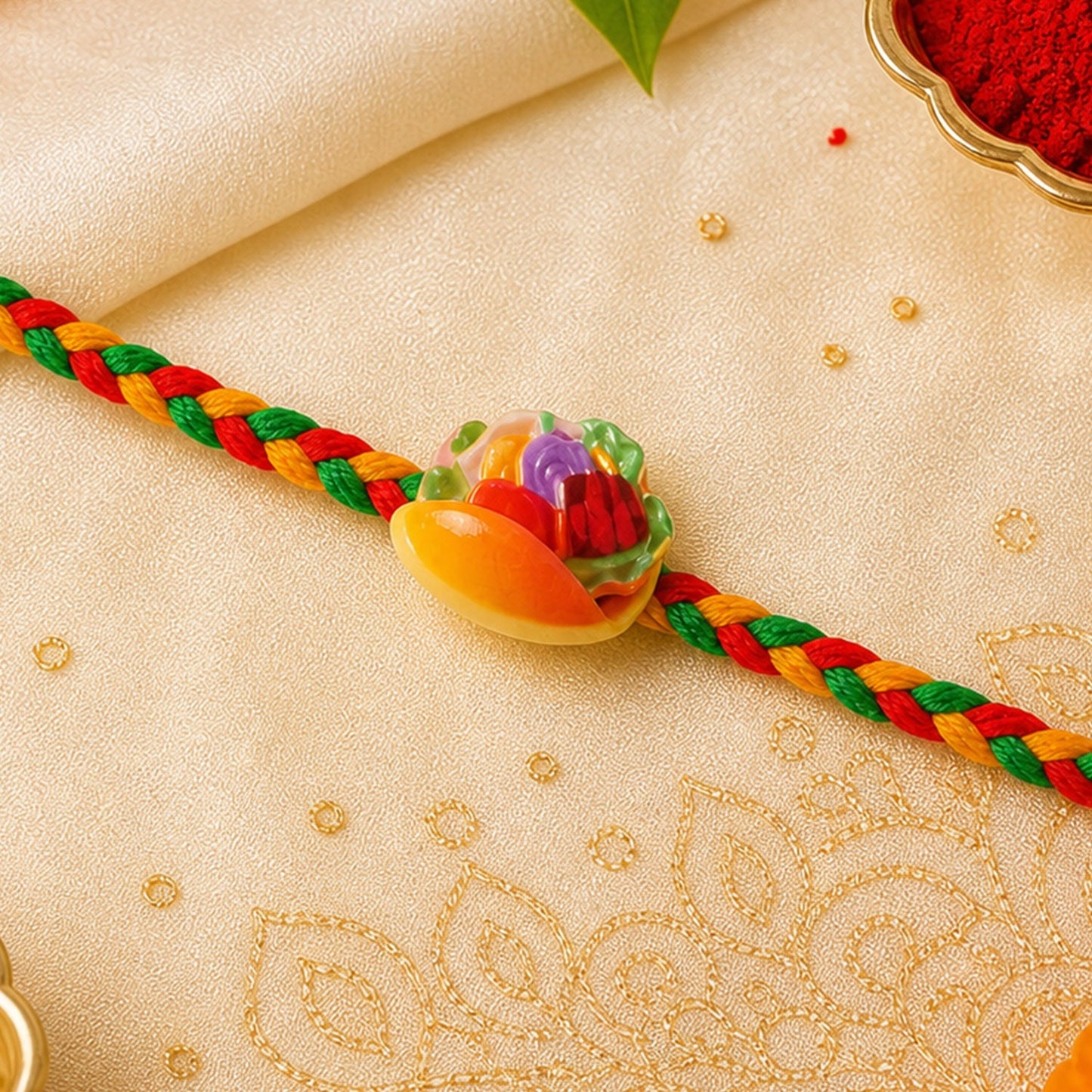 A colorful Dori Rakhi with a fruit basket charm sits on a cream-colored cloth with gold embroidery, alongside red powder in