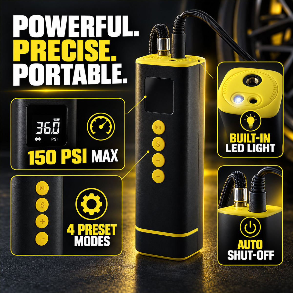 Portable Electric Car Tyre Air Pump with Digital Display and Light (1 Set)